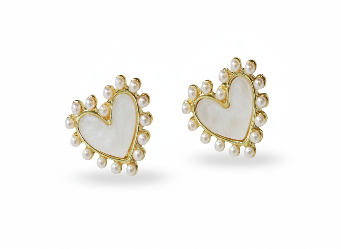 White Heart Earrings with Pearls in Gold Plated 18k