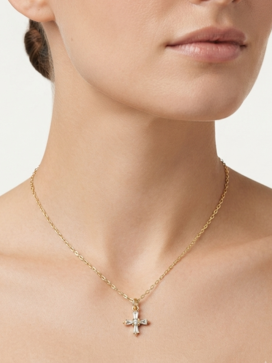 White Zirconia Cross Pendant Necklace – 18K Gold Plated