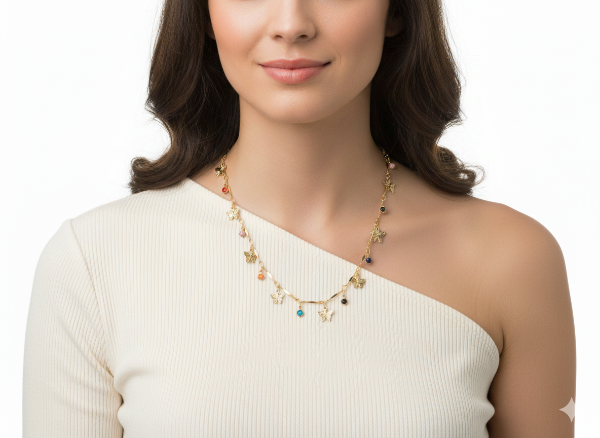 Gold Plated 18k Butterflies & Stones Necklace
