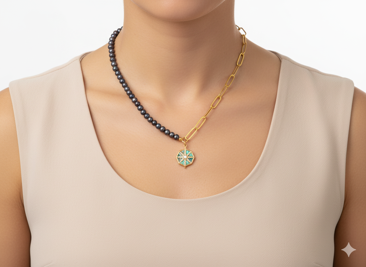 Purple Freshwater Pearl & Half Chain Necklace with Star Pendant – 18K Gold Plated