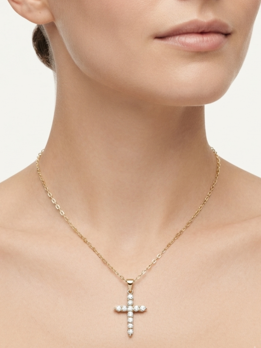 White Zirconia Cross Pendant Necklace – 18K Gold Plated