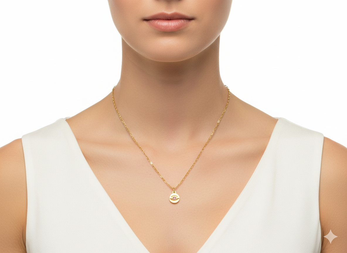 Mini Pink Evil Eye Pendant Necklace – 18K Gold Plated