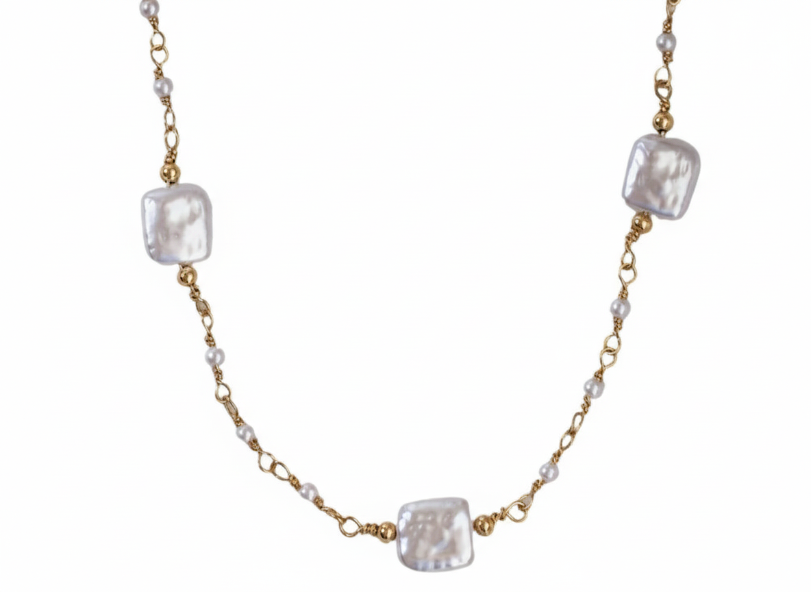 Necklace white square pearl-18K Gold plated