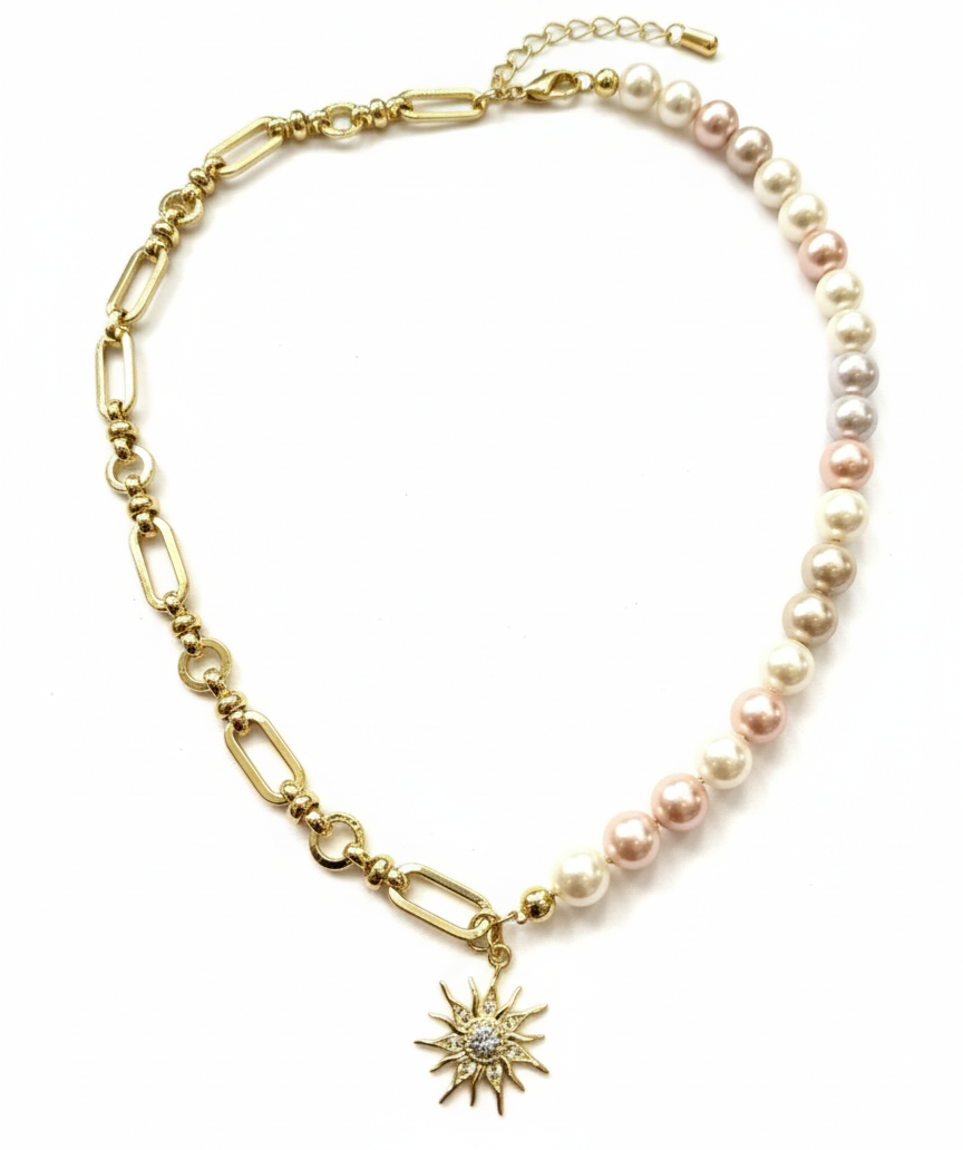 Pink Freshwater Pearl & Chain Necklace – with Dangling Star Pendant