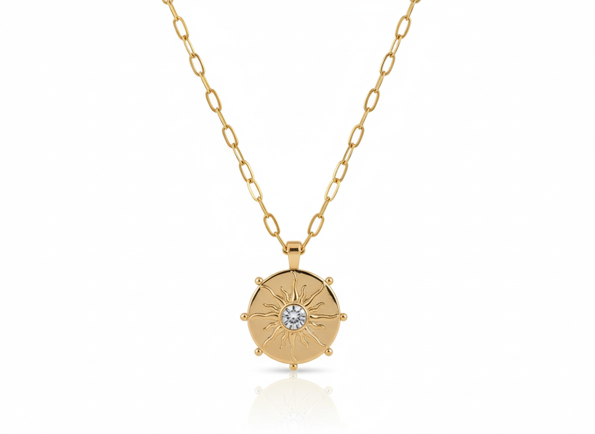 Gold Plated 18k Round Sun Pendant Necklace with Zircon