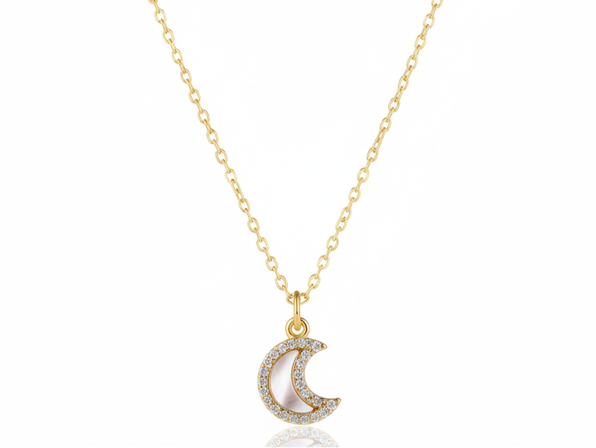 White Moon Shell withh zirconia Necklace – 18K Gold Plated