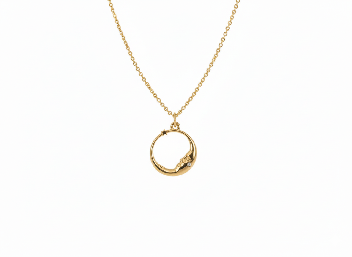 Circle Half Moon & Star Pendant Necklace – 18K Gold Plated