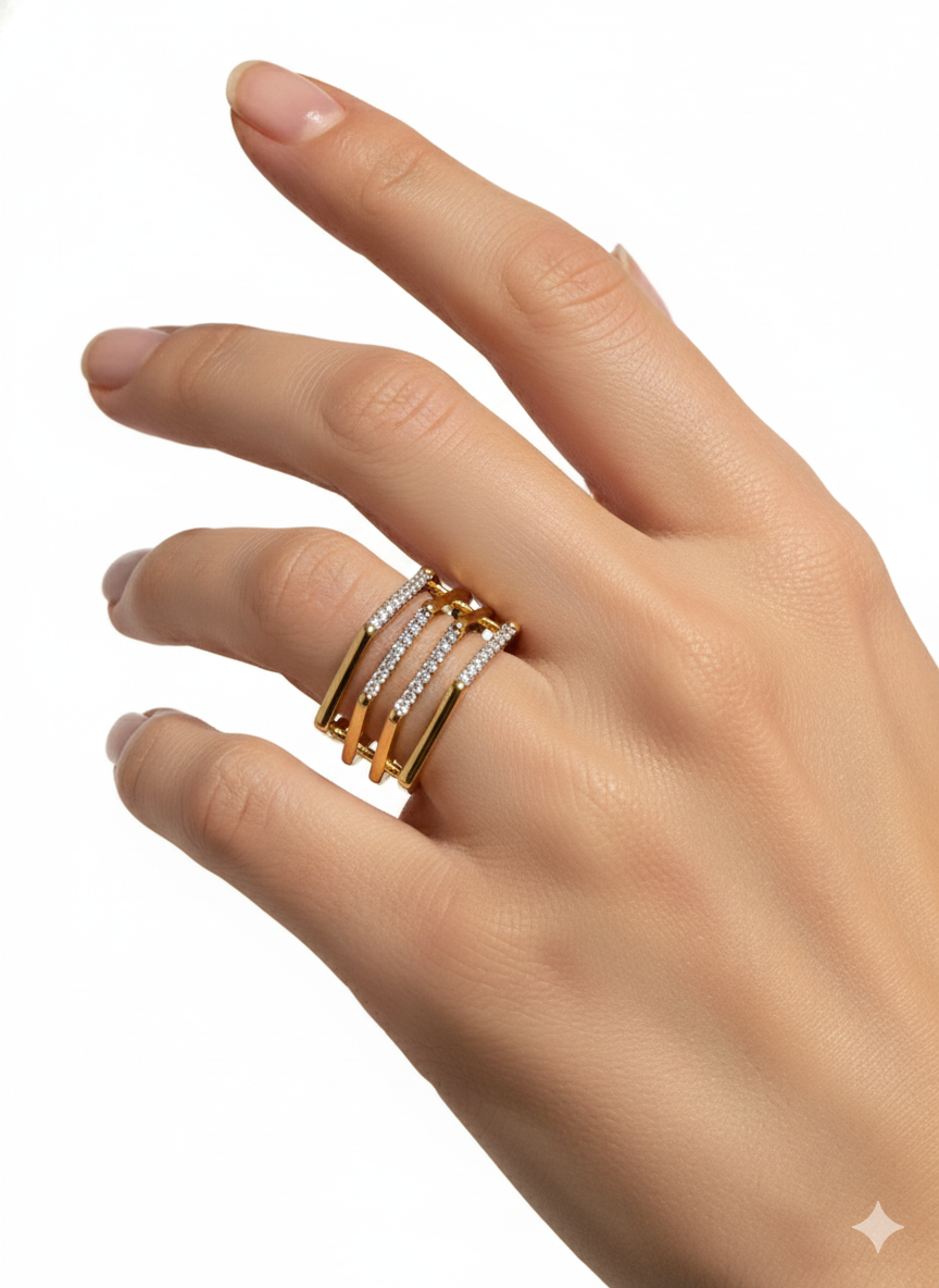 Irregular Shape Four-Ring with Zirconia– 18K Gold-Plated Adjustable