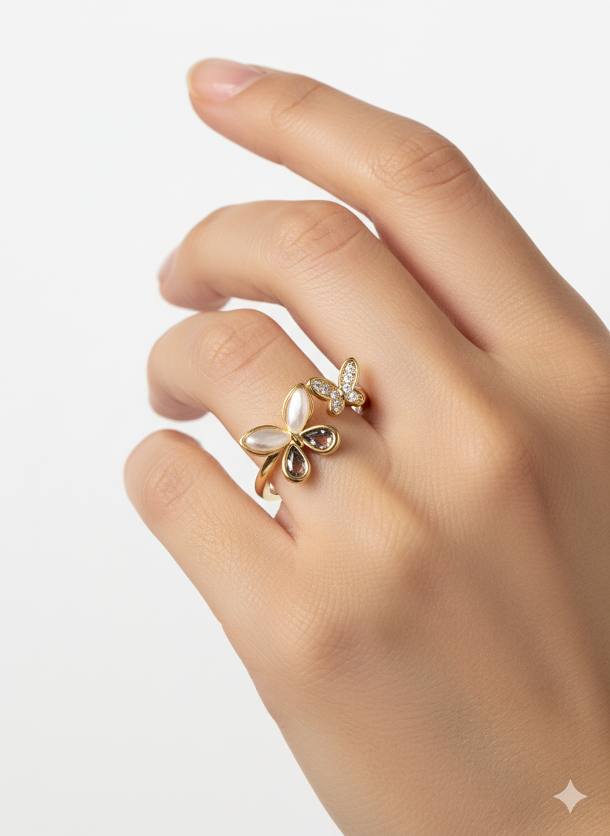 Ring Butterfly shell and Zirconia- Gold plated 18k -Adjustable
