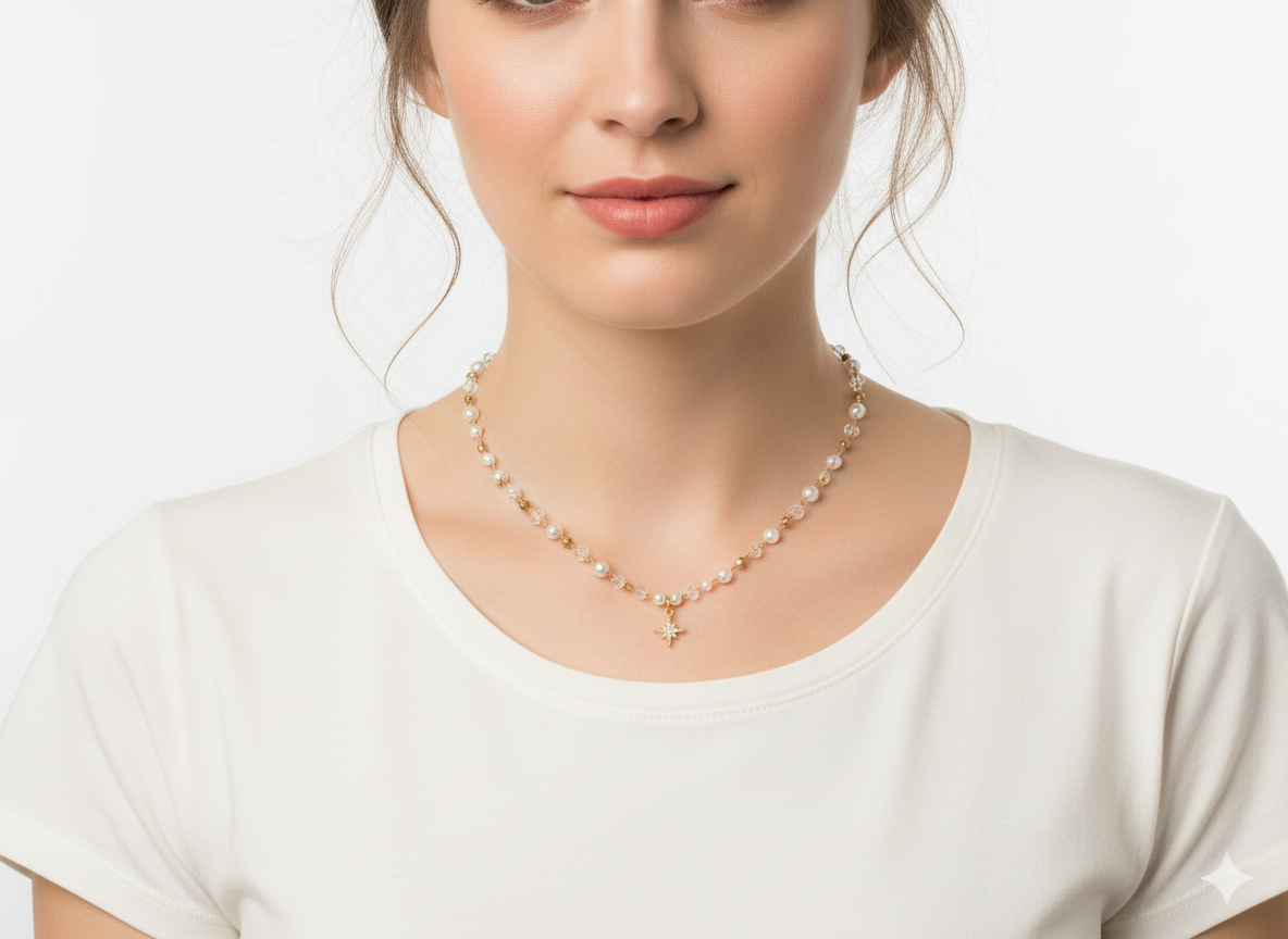 Pearl Necklace with Crystal and Star Pendant 18k Gold Plated