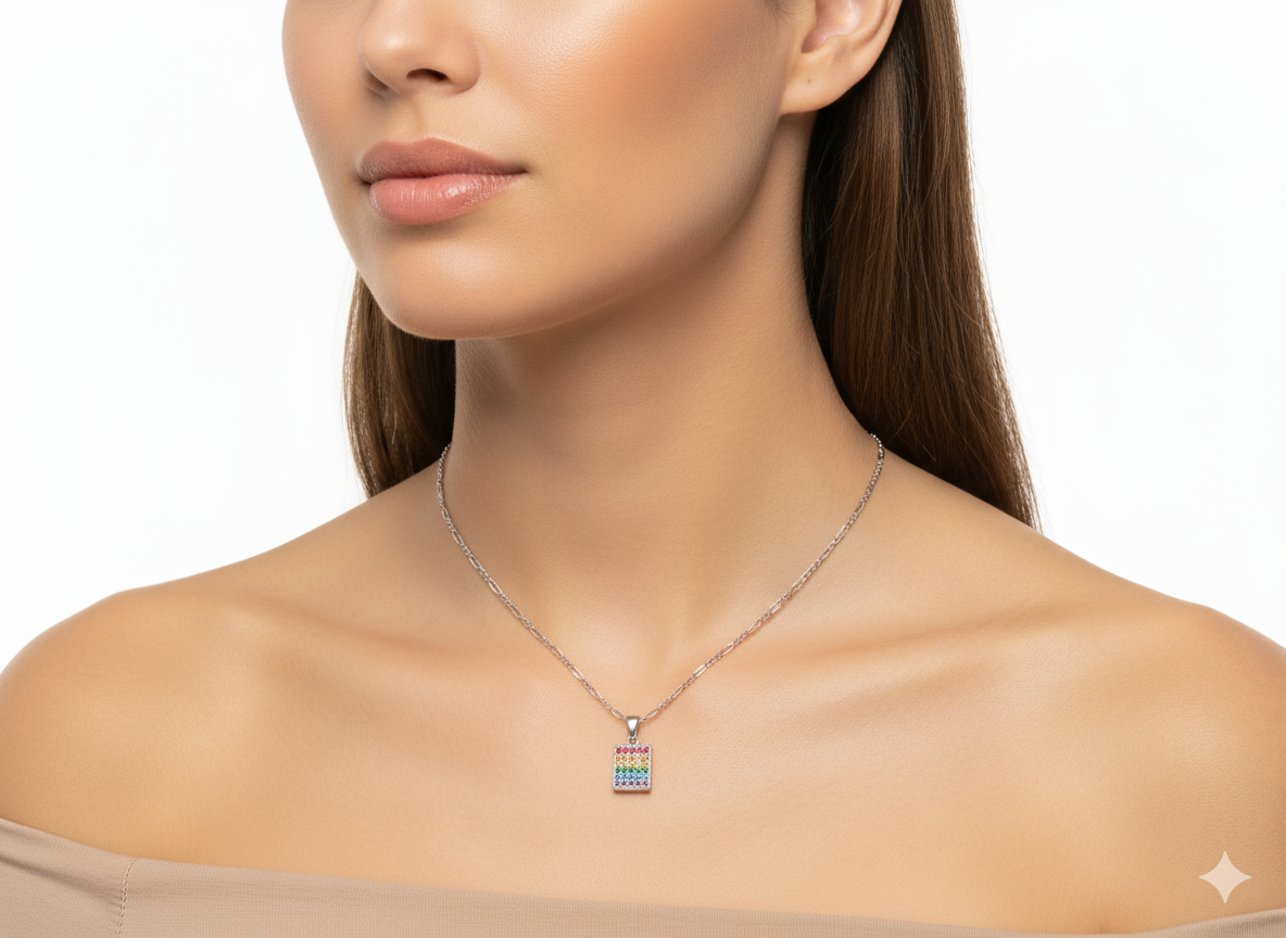 Multi-Color Square Necklace in Sterling Silver 925