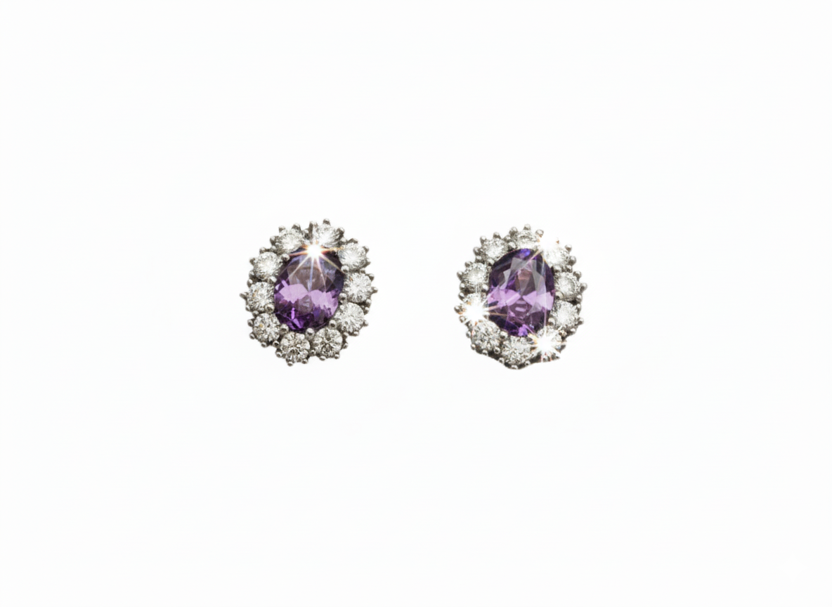 Oval Magenta Zirconia Earrings with White Zircons - Sterling Silver 925
