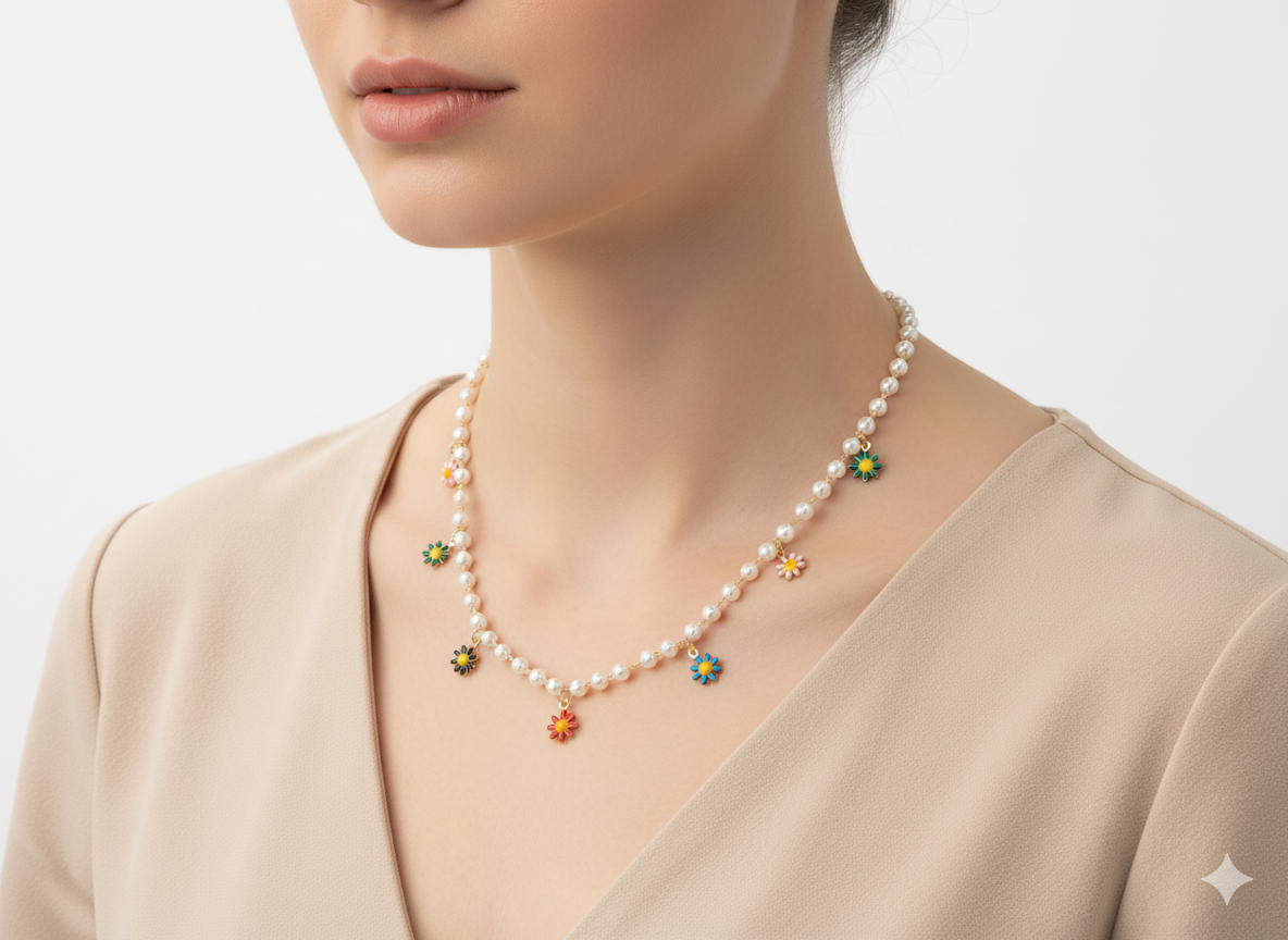 Pearl & Colorful Flower Drop Necklace – 18K Gold Plated