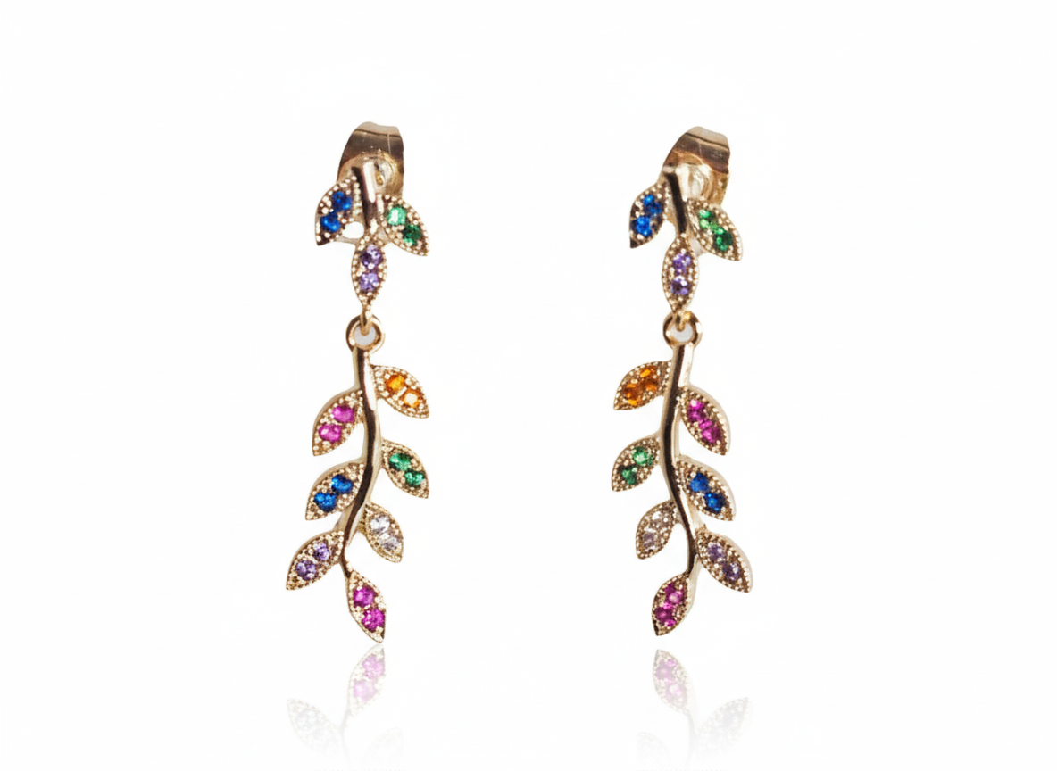 18k Gold Plated Branch Earrings with Colorful Zirconia Leaves