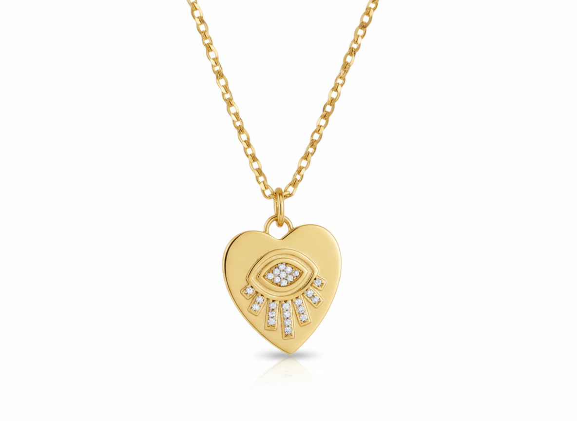 Heart Evil Eye Pendant Necklace – 18K Gold Plated