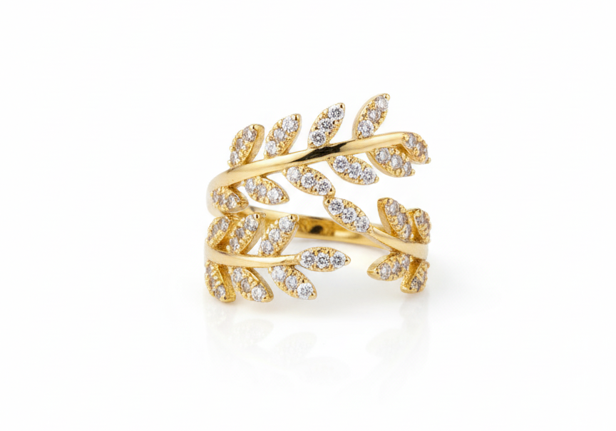 Beautiful Leaves Ring with Zircons – Adjustable 18K Gold Plated