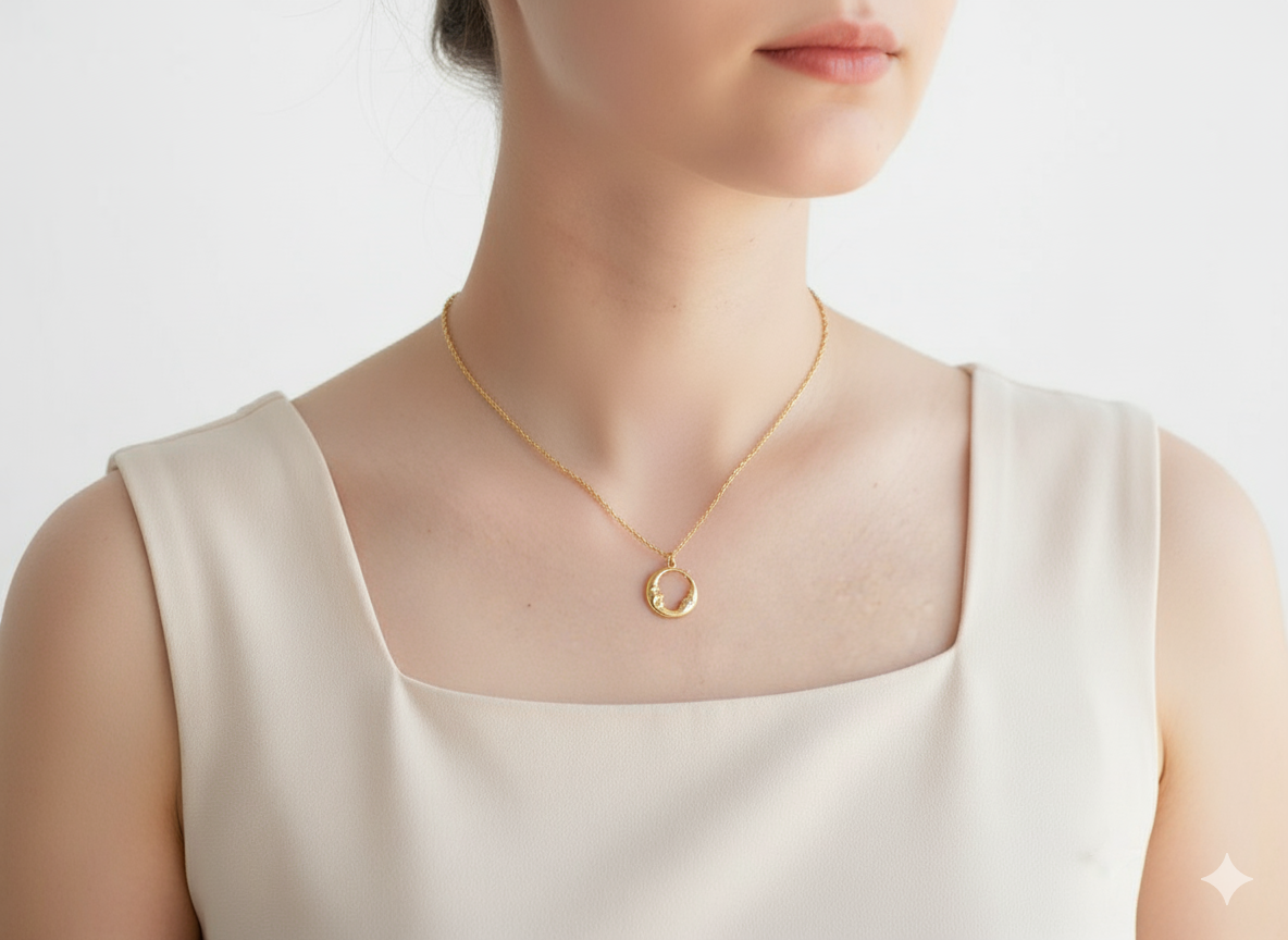Circle Half Moon & Star Pendant Necklace – 18K Gold Plated