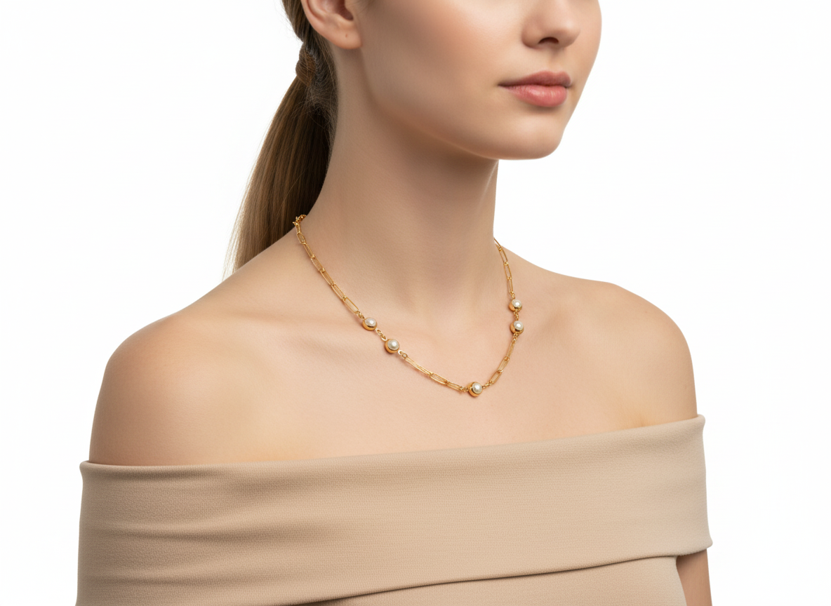 Pearl & Chain Necklace 18k Gold Plated