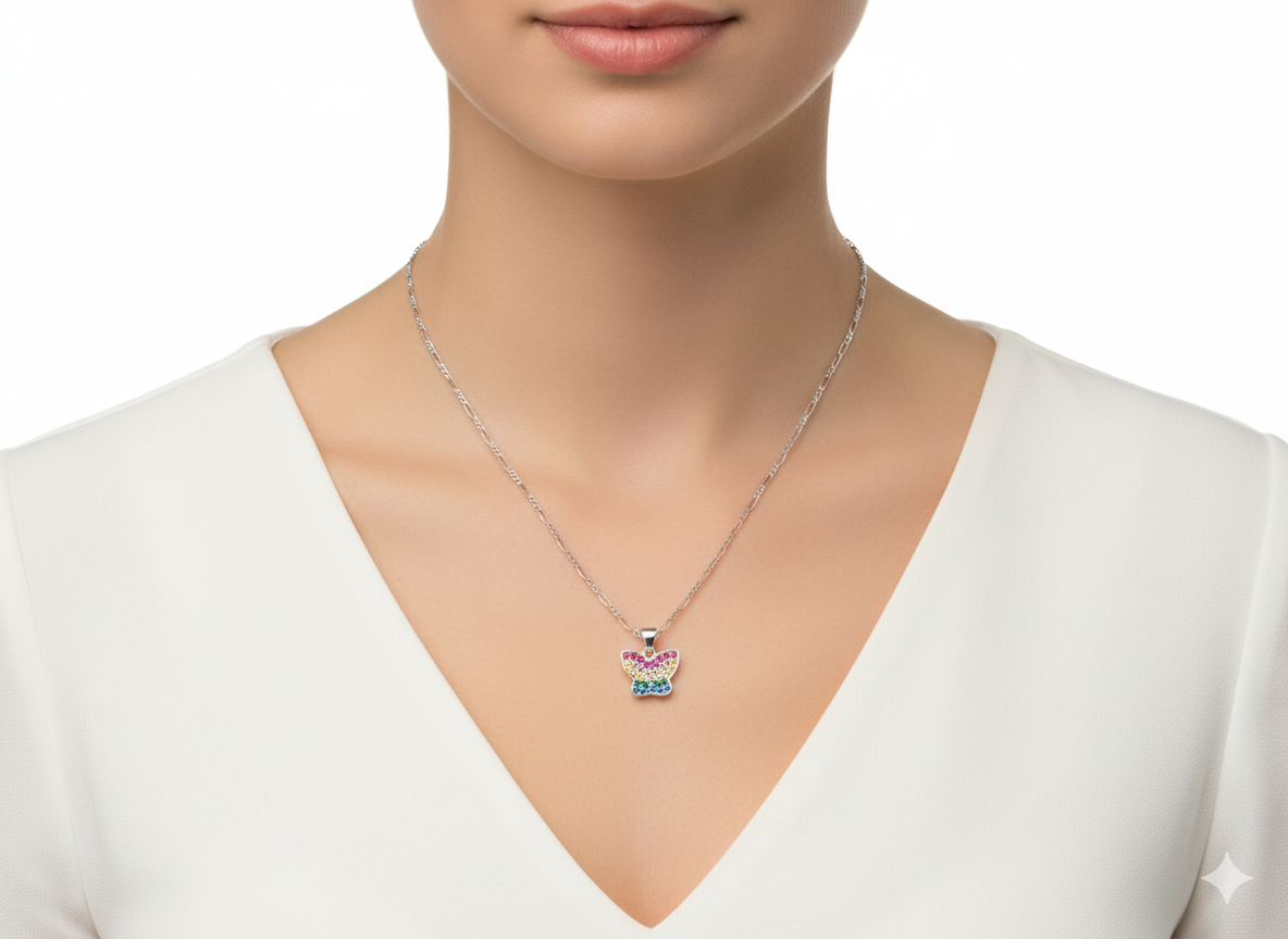 Butterfly Necklace with Colored Zirconia in Sterling Silver 925