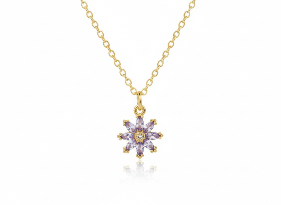 Purple Zircon Flower Necklace – 18K Gold Plated