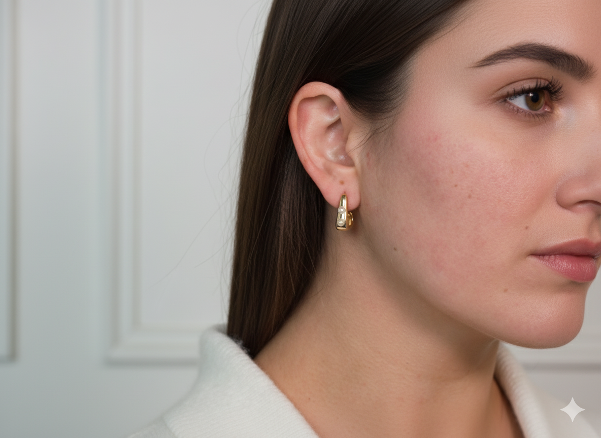 Square Hoops with two pearls - 18K Gold Plated