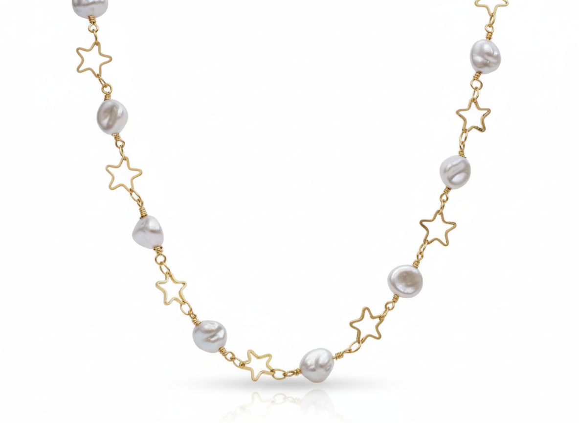 Pearl and Star shape Necklace 18K Gold