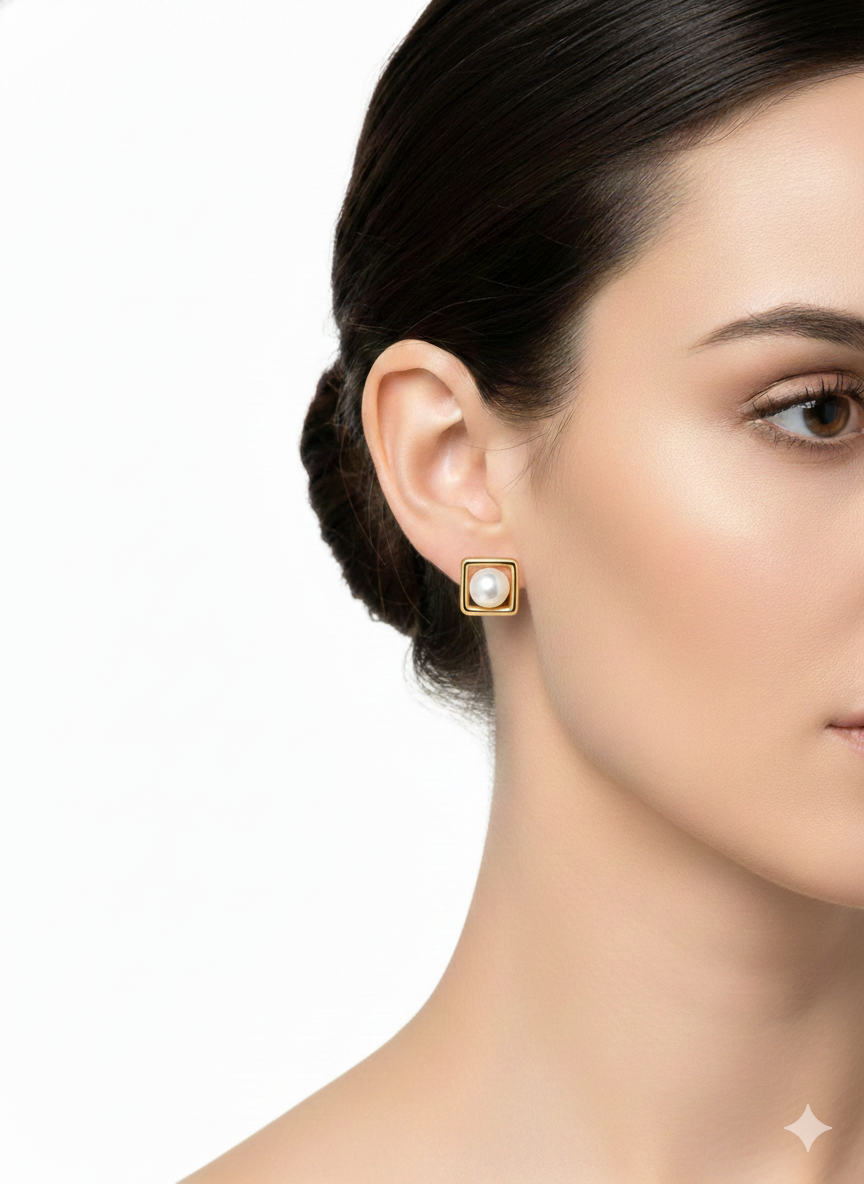 Earrings Pearls Square -18K Gold Plated-size