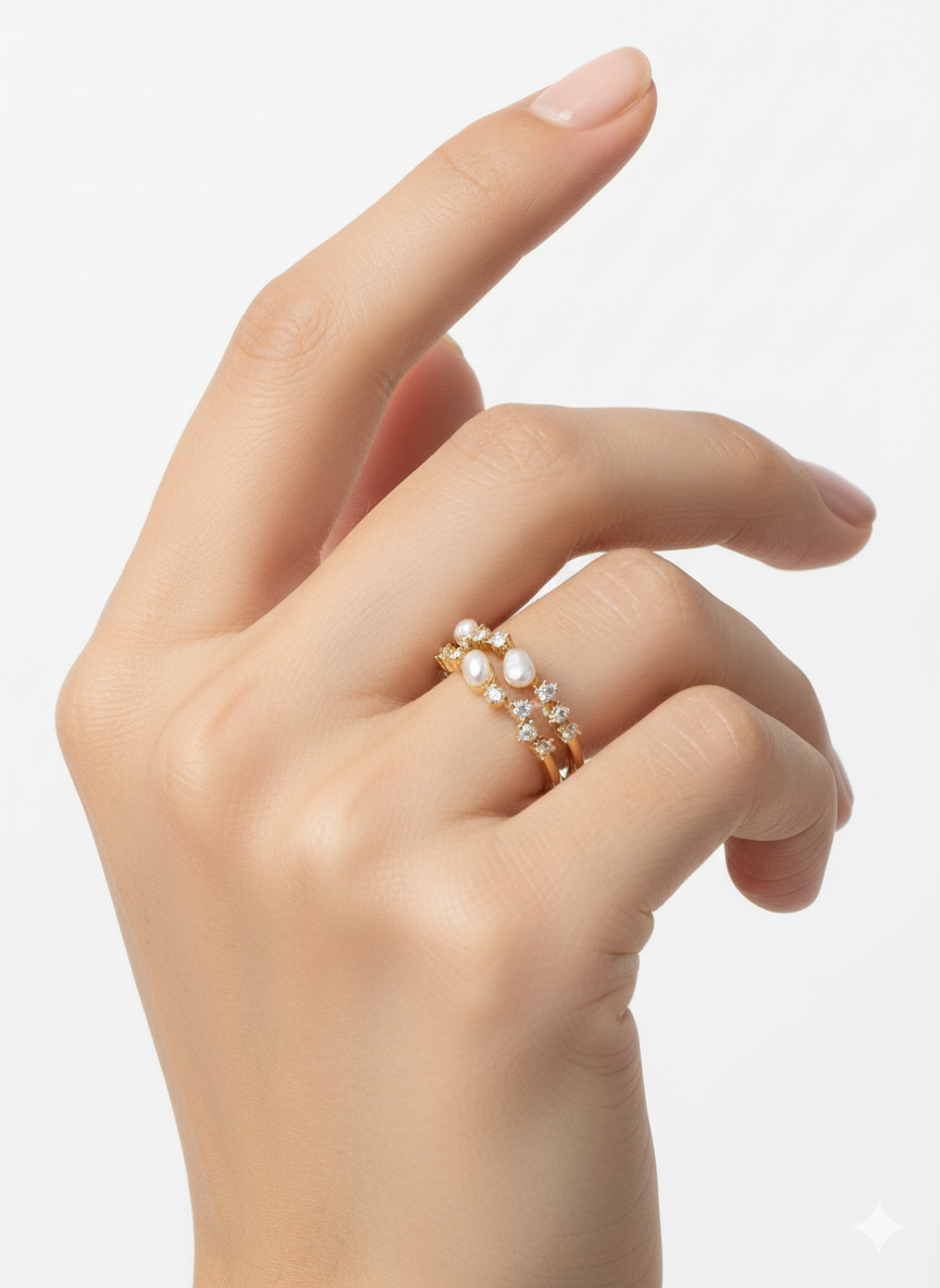 Pearl & Zircon 18K Gold-Plated Adjustable Ring