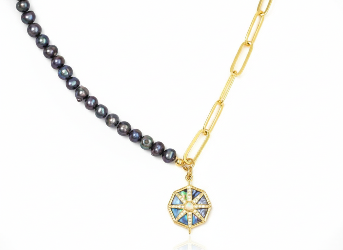 Purple Freshwater Pearl & Half Chain Necklace with Star Pendant – 18K Gold Plated