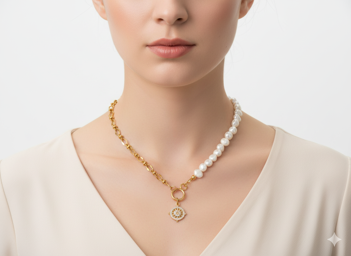 18K Gold-Plated Necklace with Freshwater Pearls & 'Noon' Circle Pendant