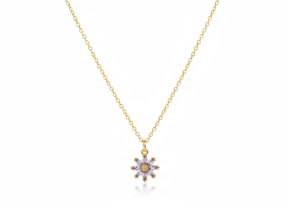 Purple Zircon Flower Necklace – 18K Gold Plated