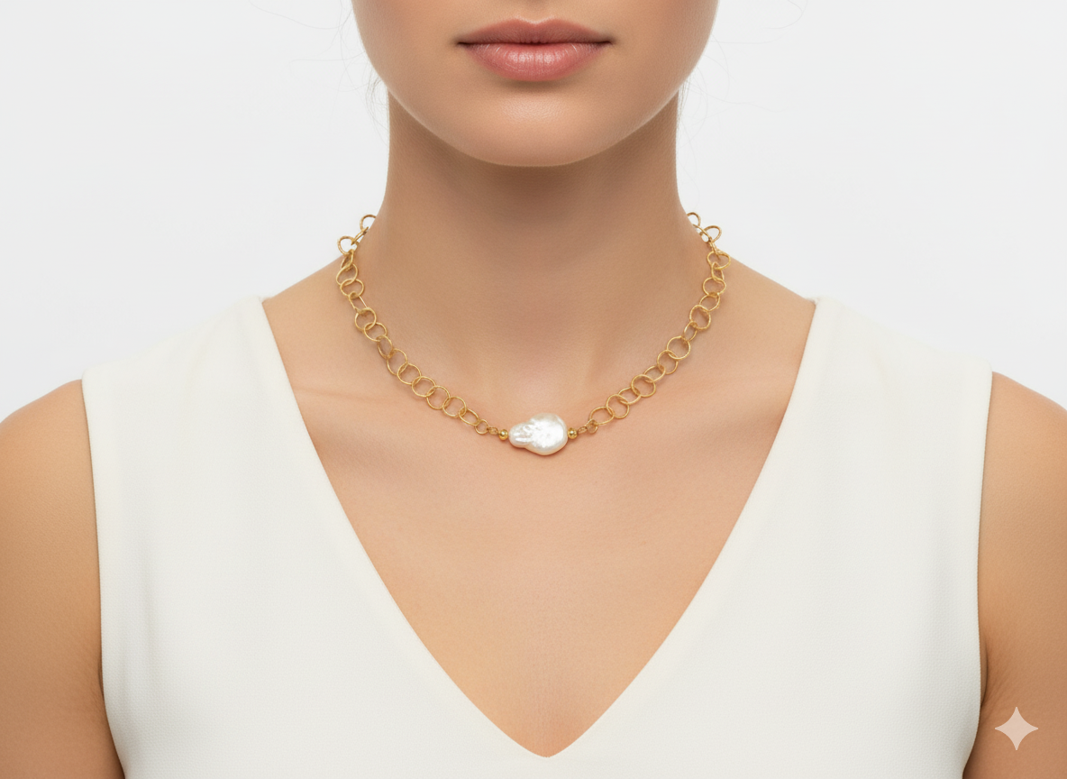 Fresh Mother of Pearl Circle Chain Necklace – 18K Gold Plated