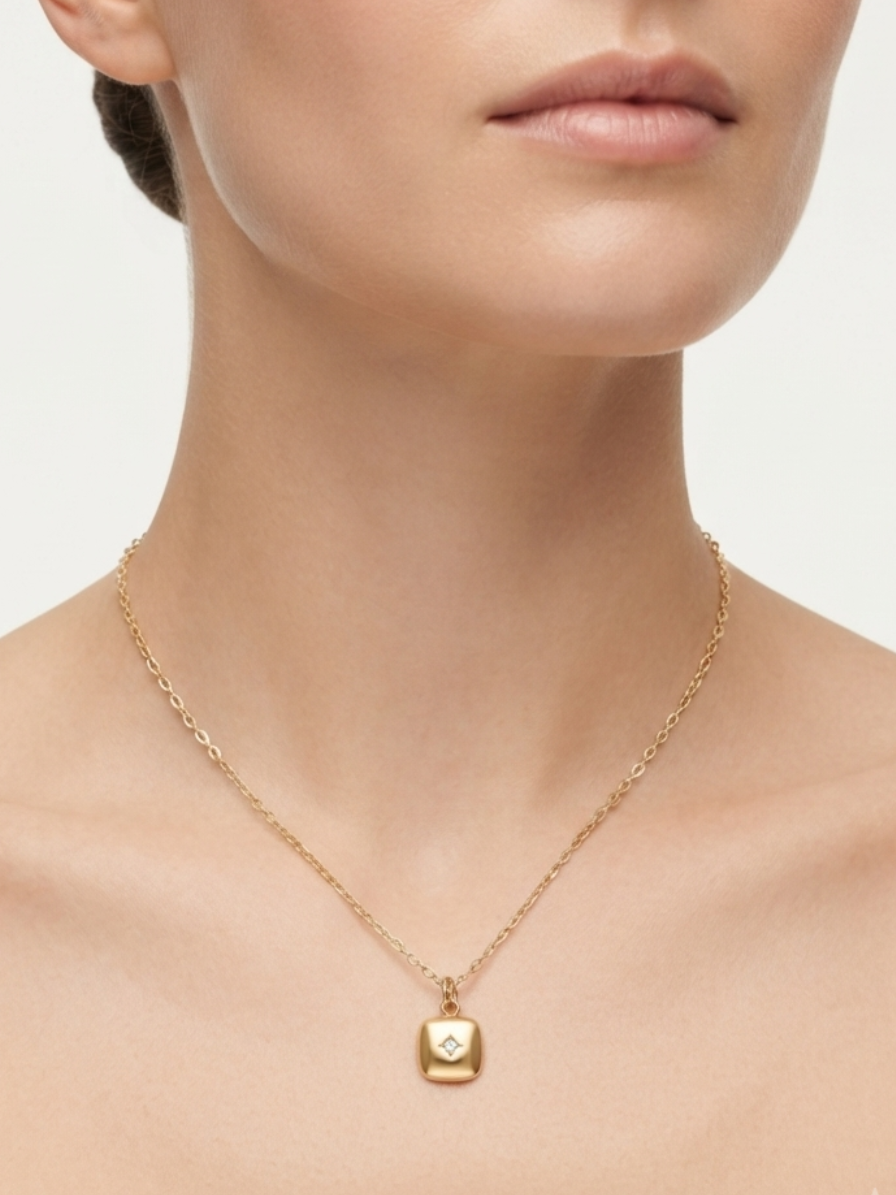 Square Zirconia Pendant Necklace – 18K Gold Plated