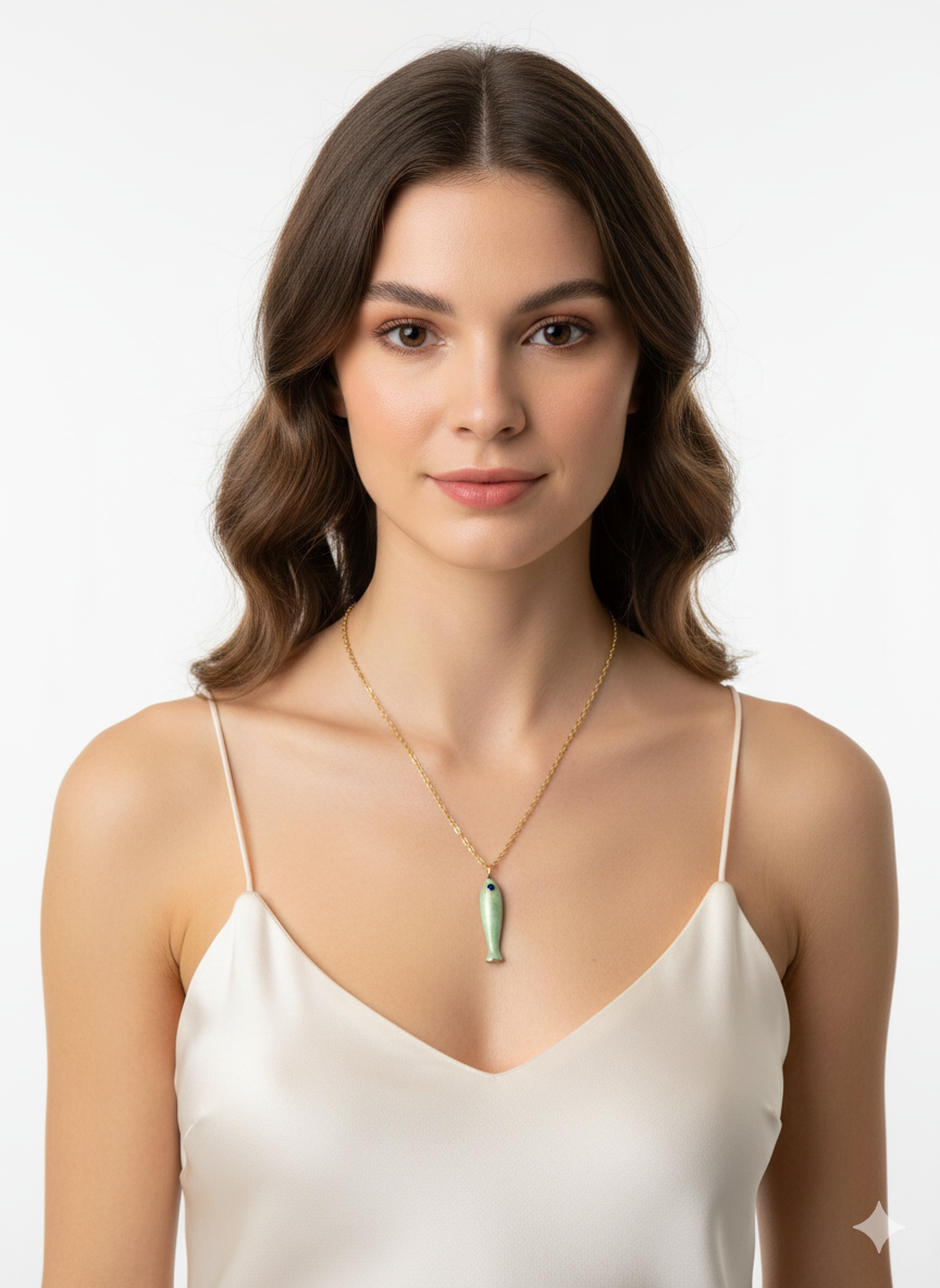 Necklace Green Fish Pendant-Gold plated 18k