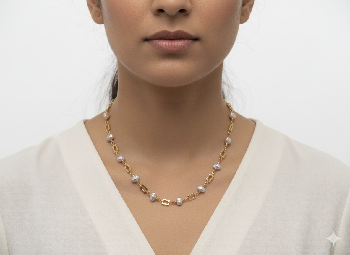 18K Gold-Plated Pearls & Squares Necklace