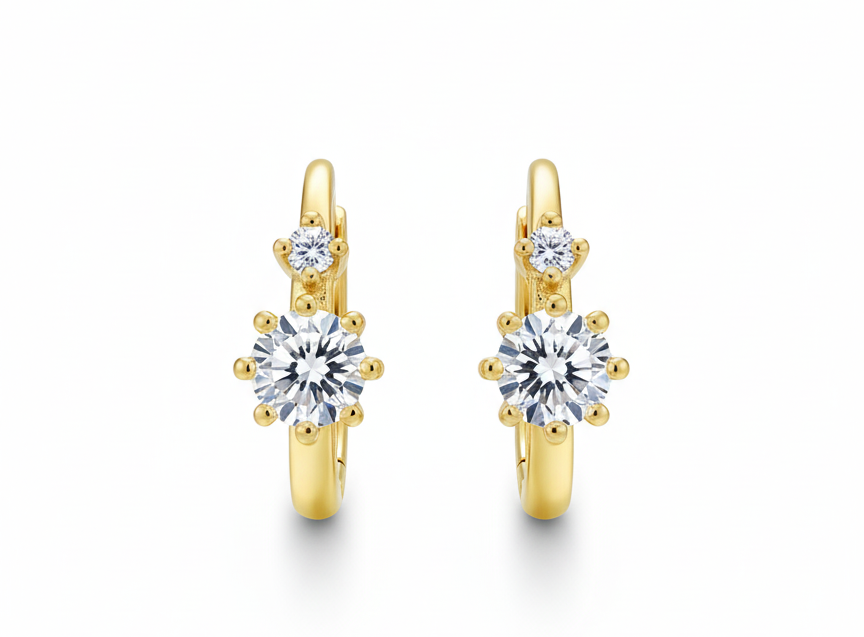 Mini Huggie Earrings with Two White Zirconia – 18K Gold Plated, 0.8cm Small Hoop