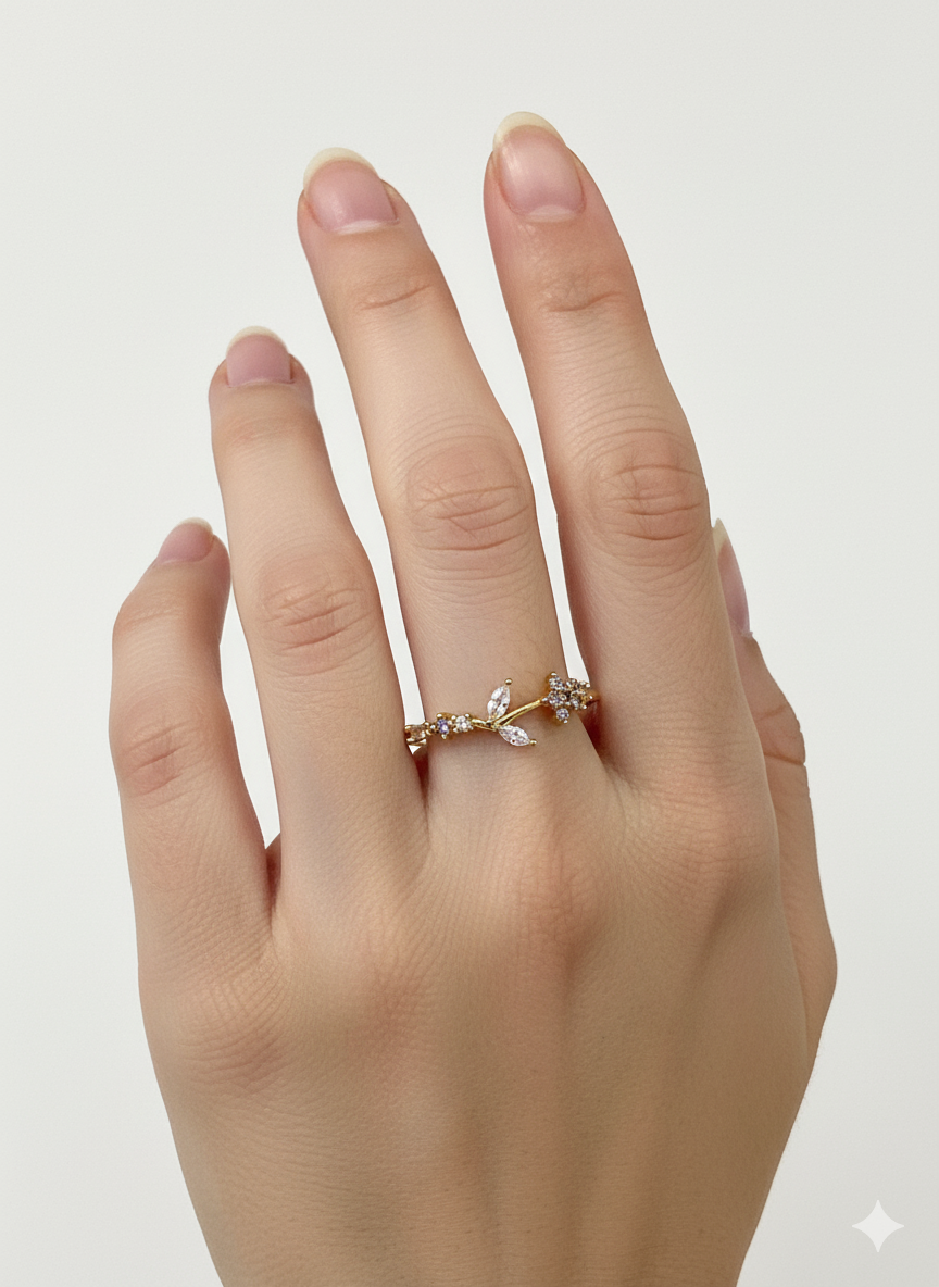 Zirconia Leaves & Flowers Ring – Adjustable 18K Gold Plated
