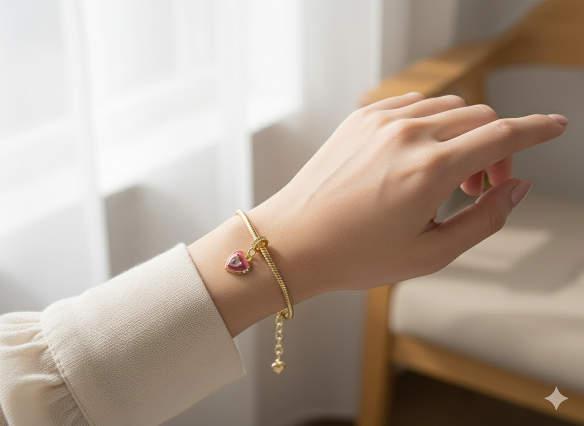 Pink Heart Charm Bracelet- Gold plated 18k