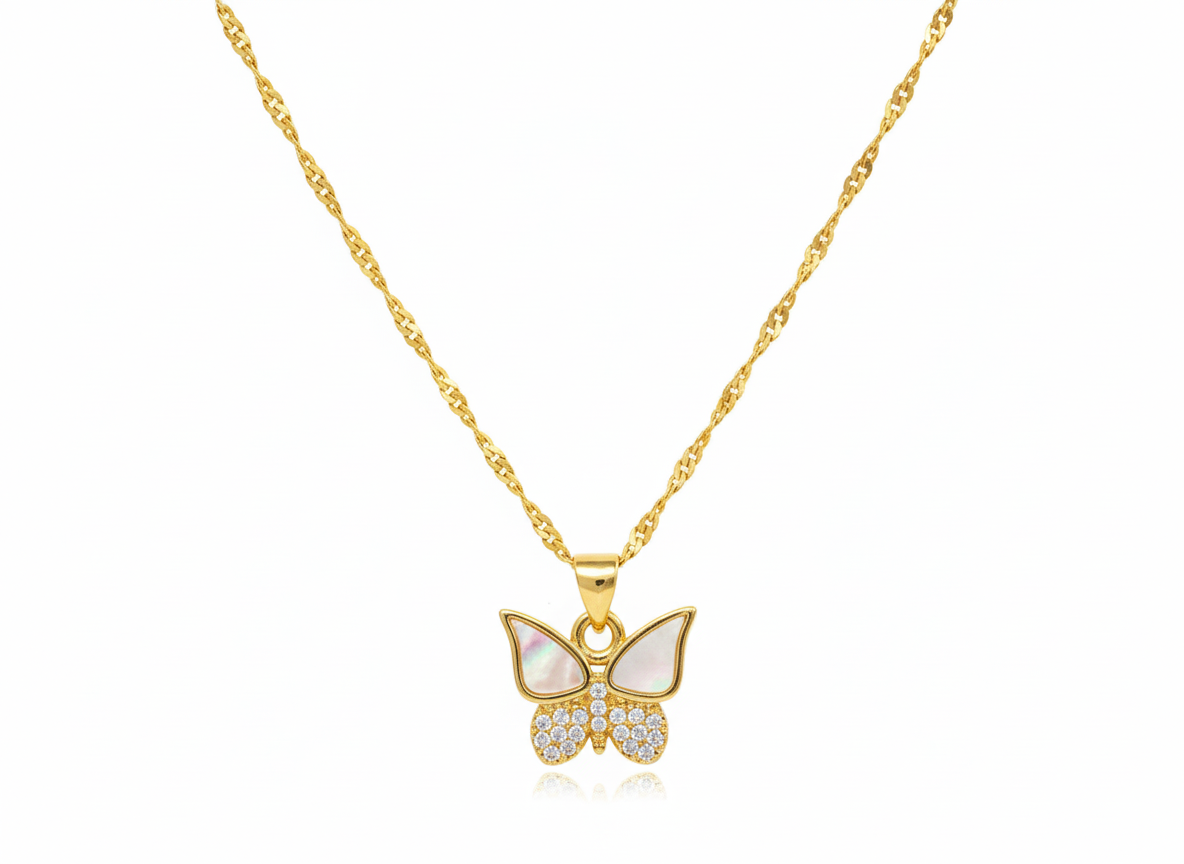 Butterfly Necklace with Mother of Pearl & Zirconia Gold Plated 18k