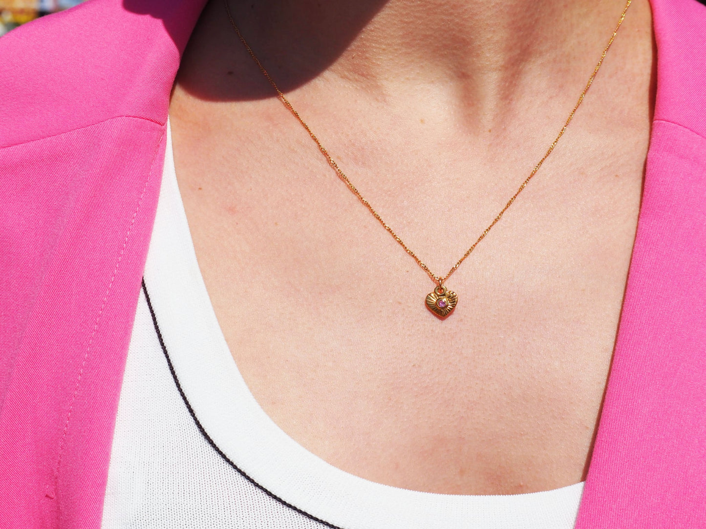 Heart Pendant Necklace Gold Plated 22k with Pink Zircon