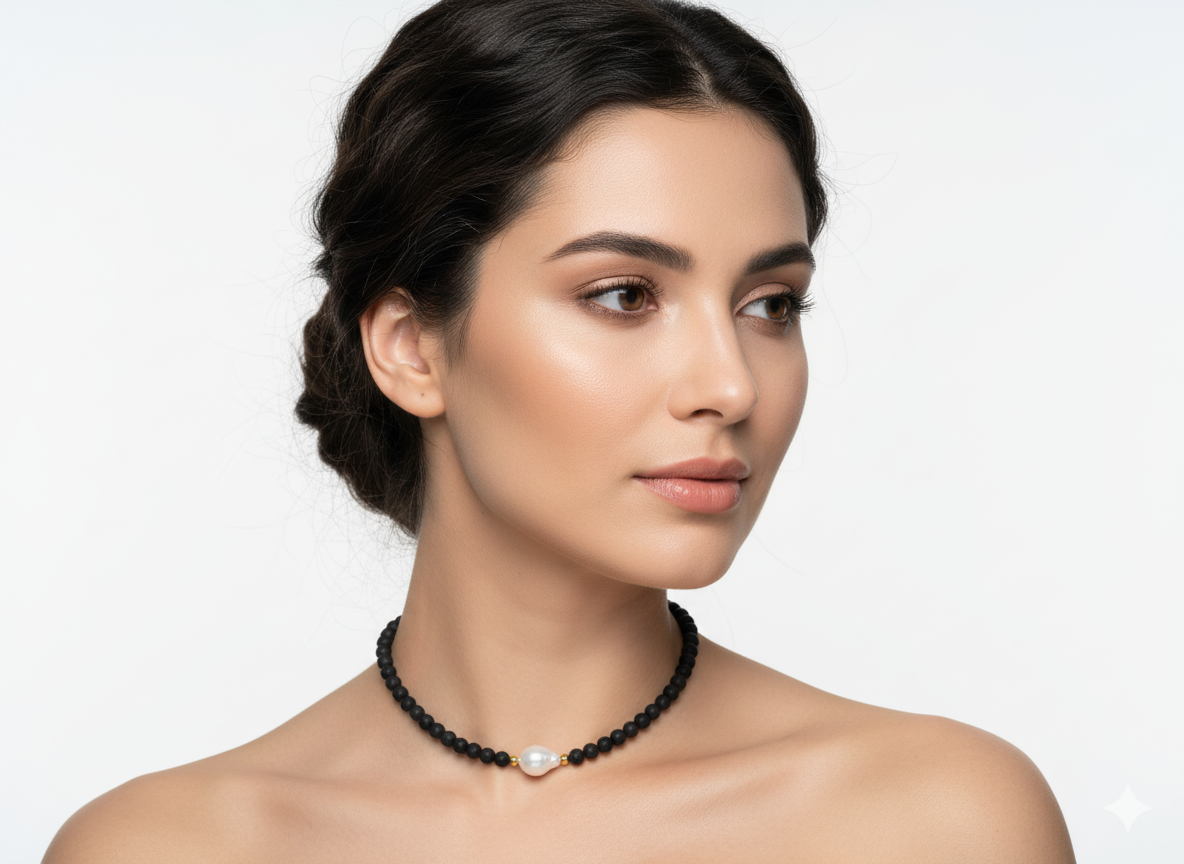 Lava Rock stone and Natural pearl Necklace
