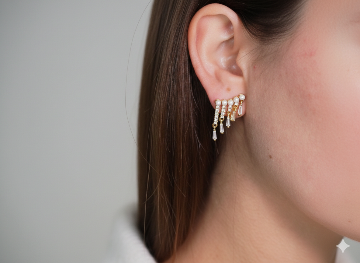 Elegant Earrings with Pearl & Zirconia Lines-18K Gold Plated
