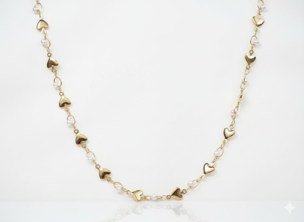 Gold Hearts & Pearls Necklace – 18k Gold Plated Chain with Pearls