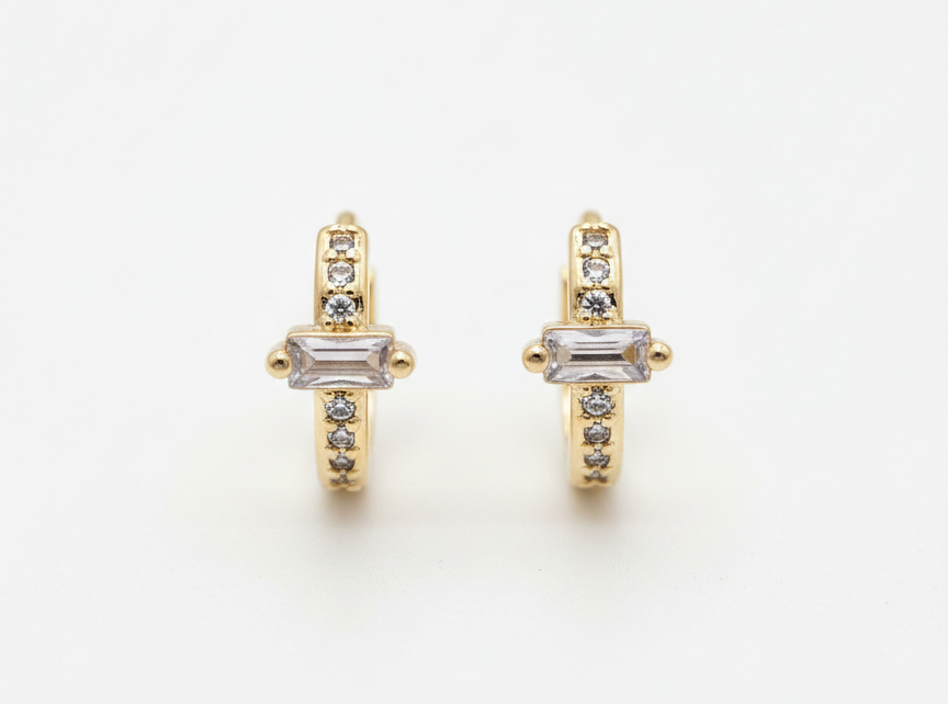Mini Rectangle White Zircon Huggie Earrings – 18K Gold Plated, 0.6cm Tiny Hoop