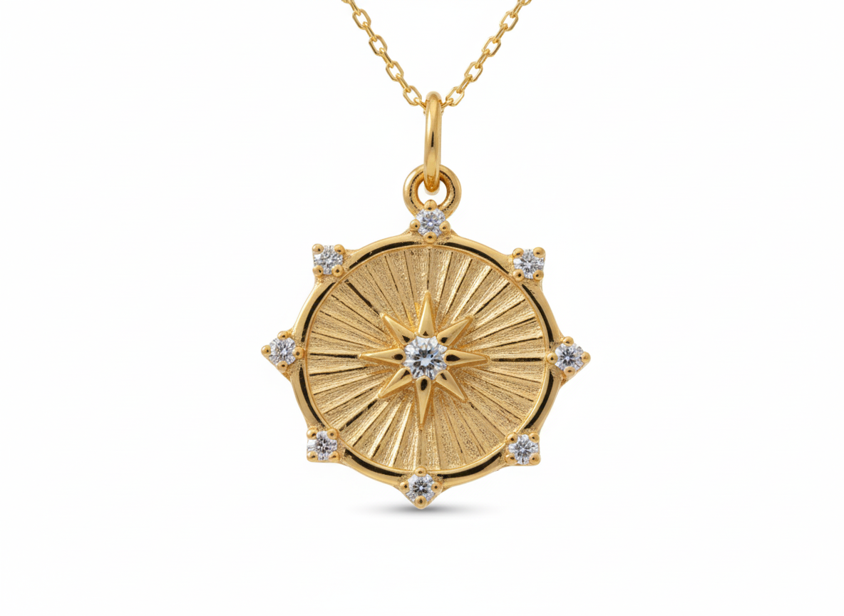 Necklace Coin Star Pendant with Zircons - Gold Plated 18K