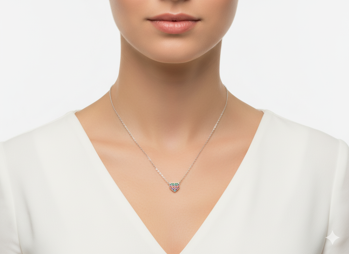 Color Heart Necklace Sterling Silver 925 with Zirconia