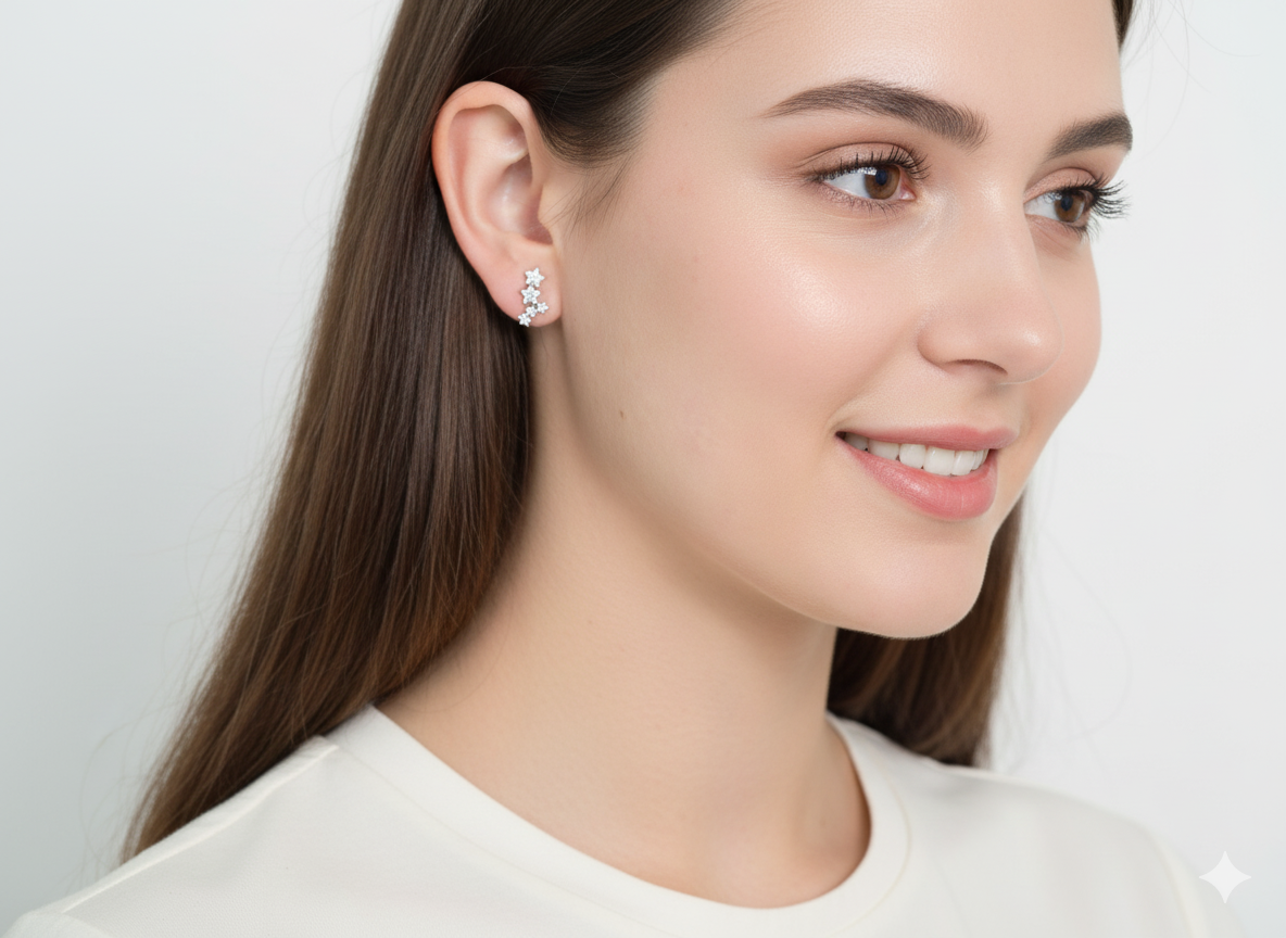 Triple Star Earrings - Sterling Silver 925 with Zircons