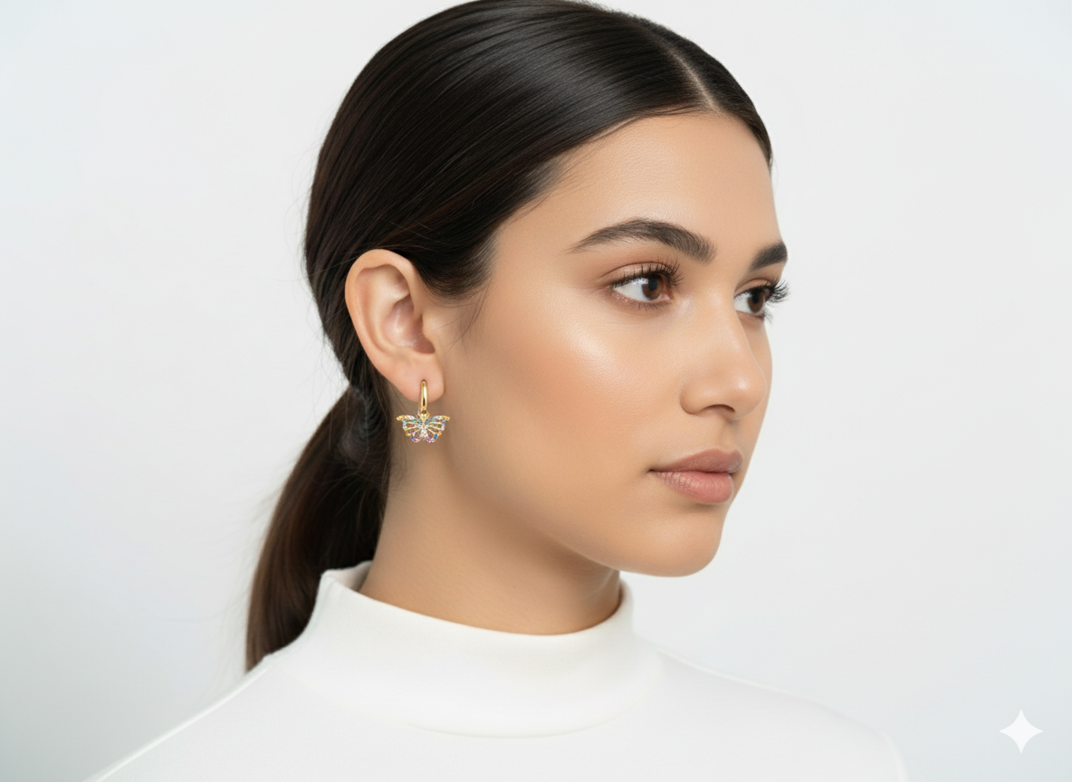 18k Gold Plated Huggie Earrings with Colorful Butterfly Design