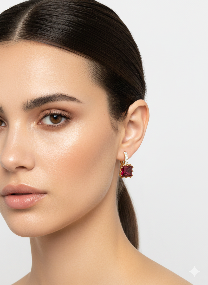 Elegant Magenta Square Zirconia Huggie Earrings – 18K Gold Plated