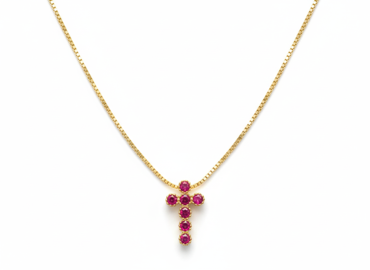 Pink Cross Necklace with Zirconia-18K Gold Plated